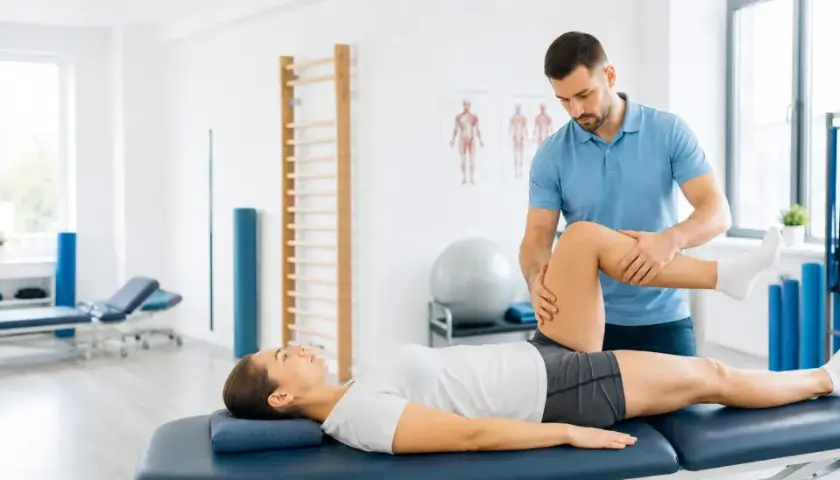 Fizjoterapeuta wykonuje ćwiczenia podczas sesji fizjoterapii ortopedycznej, pomagając pacjentce w rehabilitacji.