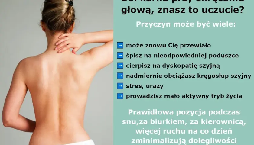 Kobieta masuje kark, odczuwając sztywność karku i ból z tyłu głowy. Przyczyną może być zła pozycja, stres lub dyskopatia.
