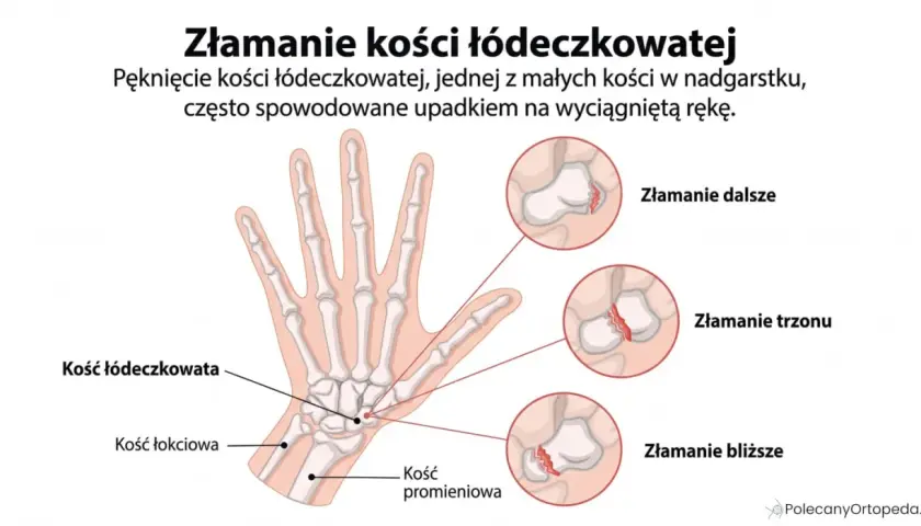 Ilustracja przedstawia złamanie kości łódeczkowatej nadgarstka, z zaznaczonymi miejscami pęknięcia: dalszym, trzonu i bliższym.